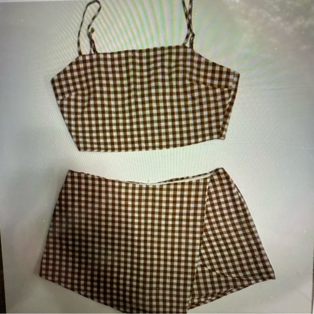 Cotton Candy, brown white gingham crop top mini skirt, set woman L cottagecore
